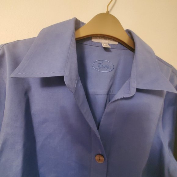 FOXCROFT Blue Women's Button Down Shirt Blouse V Neck Collared 3/4 Sleeves sz 12 - Picture 2 of 8